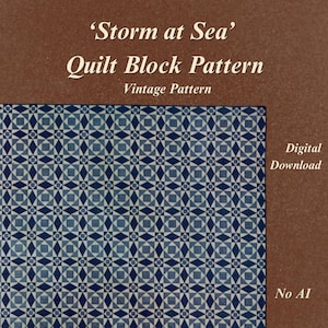 Op de afbeelding: Een Storm at Sea Quilt Block Pattern vintage patroon, digitale download, no AI tekst op een bruine achtergrond met een blauw en wit geometrisch herhalend vierkant- en ruitpatroon met een raster van kleine vierkantjes en driehoekjes.