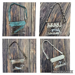 May include: Four clear plastic crossbody bags with different patterned fabric flaps. The bags have adjustable straps and gold hardware. The patterns include turquoise floral, brown cow print, brown paisley, and white leopard print.