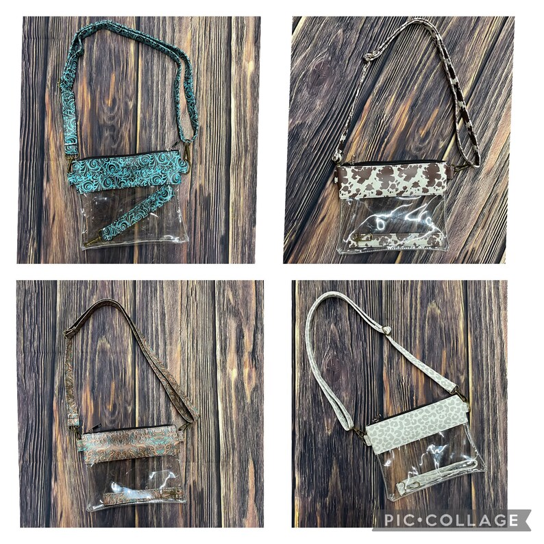 May include: Four clear plastic crossbody bags with different patterned fabric flaps. The bags have adjustable straps and gold hardware. The patterns include turquoise floral, brown cow print, brown paisley, and white leopard print.