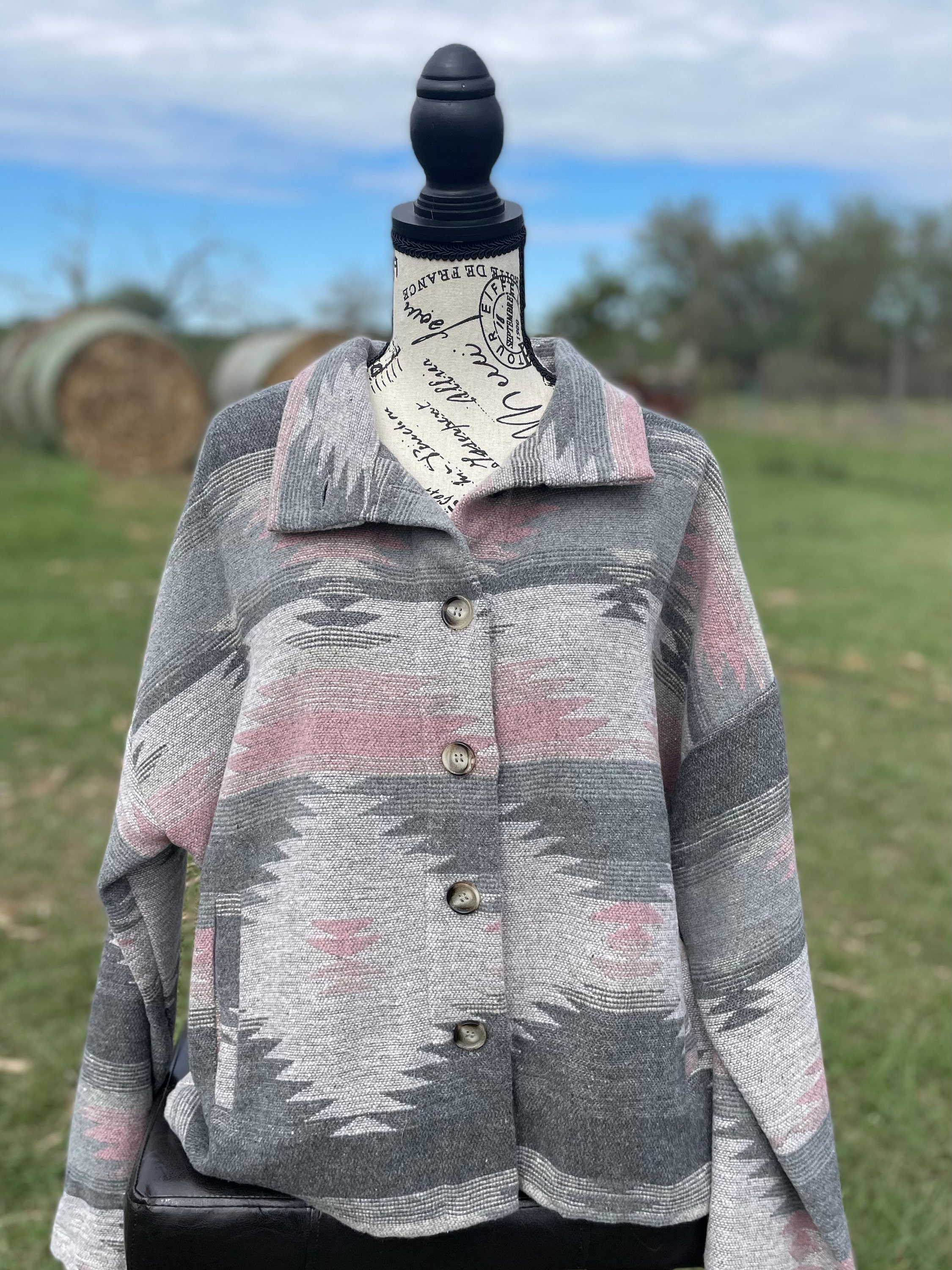 Light Grey & Pink Aztec Shacket - Etsy