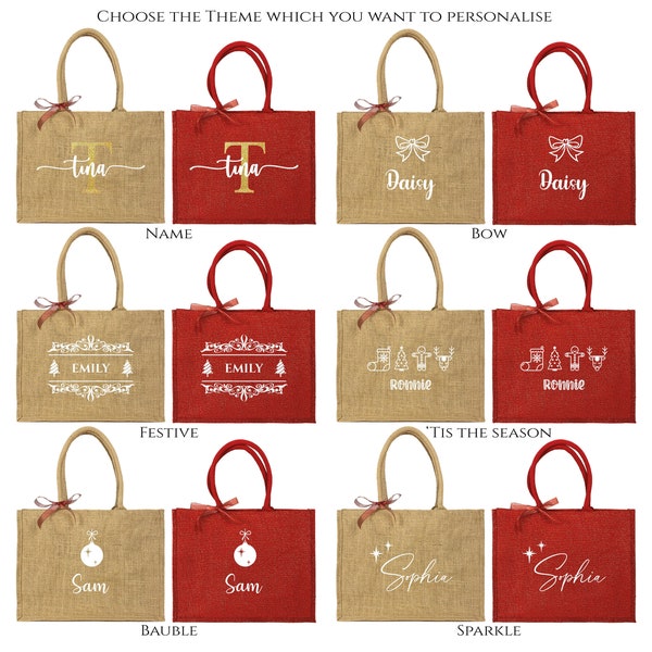 Fourre-tout de Noël personnalisé, remplissage de bas, sac fourre-tout de Noël naturel rouge, jute chatoyant, sac de rangement, boîte à lunch, fourre-tout festif, sac cadeau