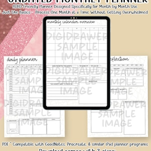 May include: An undated monthly planner designed for ADHD-friendly use. The digital planner includes a monthly calendar overview, daily planner, and reflection pages. Available in Letter (8.5 x 11"), Medium (7 x 9"), and A5 (5.8 x 8.3") sizes. The planner is compatible with GoodNotes and Procreate.