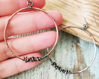 Large Copper Hoop Earrings. Hoops. Young Metal Designs. Copper Jewelry. Wire Wrapped. Dangles. Rustic Style. Western Jewelry. Hammered Hoops