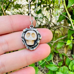 Carved Howlite Skull Necklace: Sterling Silver & Copper Bezel