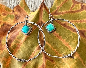 Turquoise Barbed Wire Sterling Silver Hoop Earrings: Western Boho Jewelry
