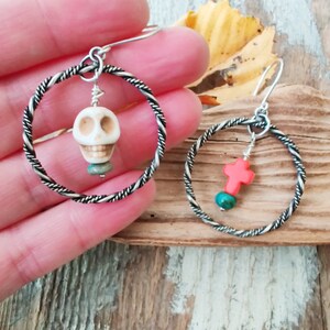 Day of the Dead. Sterling Hoop Earrings.  Sugar Skull & Cross Hoops. Young Metal Designs. Howlite. Halloween Jewelry. Memento Mori Hoops