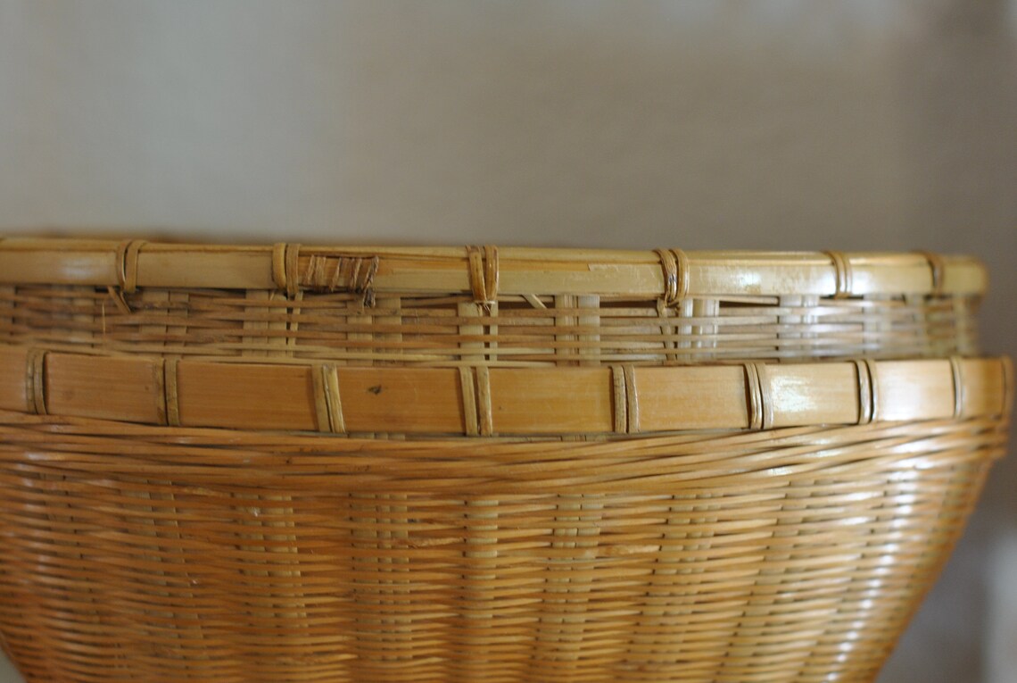 Large Round Vintage Bamboo Basket Boho Decor Etsy
