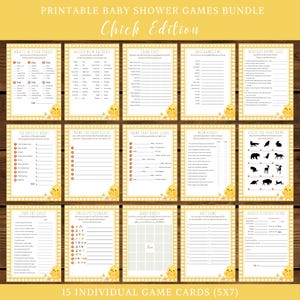 Puede incluir: Un paquete imprimible de juegos para baby shower con un borde a cuadros amarillos y blancos. El conjunto incluye 15 tarjetas de juego individuales con títulos como "¿Qué hay en tu bolso?" y "Baby Bingo". El tema es "Chick Edition".