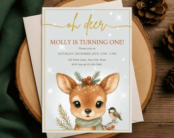 "Von Waldland inspirierte ""Oh Deer"" erste Geburtstagseinladung, digitaler Download, bearbeitbar in Canva."