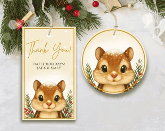 Woodland-Inspired Chipmunk Gift Tags | Christmas Thank You Label | Digital Download, Editable in Canva