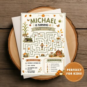 Pode incluir: Um cart&atilde;o de convite de anivers&aacute;rio retangular com um jogo de labirinto com tema de outono. O texto diz MICHAEL IS TURNING 4! e inclui detalhes do evento. O design apresenta um trator verde, um espantalho e um celeiro vermelho.
