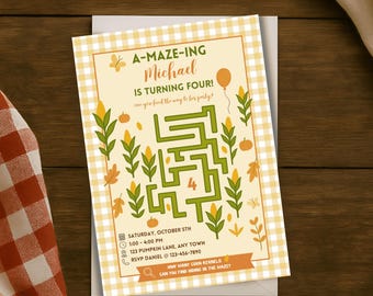 Convite interativo de aniversário com labirinto de milho de outono (download digital, edição no Canva)