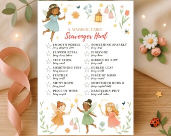 May include: A whimsical fairy scavenger hunt game card with illustrations of fairies, flowers, and stars. The card features a list of items to find, such as a smooth pebble, flower petal, and shiny rock. The text reads "A Magical Fairy Scavenger Hunt."