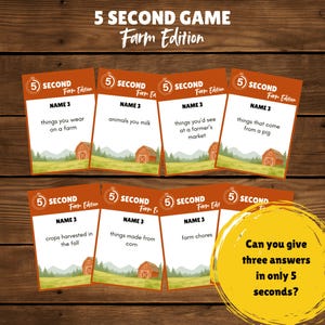 May include: A board game titled "5 Second Game Farm Edition" with cards featuring farm-related prompts. The cards have illustrations of barns and fields. A yellow circle asks, "Can you give three answers in only 5 seconds?"