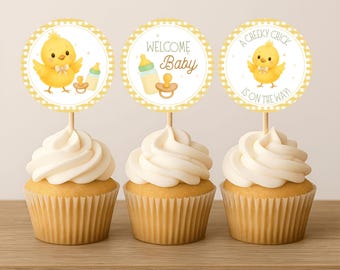 Little Chick Baby Shower Cupcake Toppers (Digital Download, Editable in Canva)