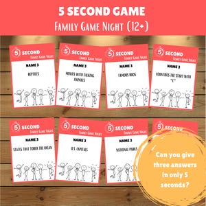 May include: A family card game with red cards featuring prompts like "Reptiles" and "Famous Duos." The game includes stick figure illustrations and the text "5 Second Game Family Game Night (12+)." A yellow circle asks, "Can you give three answers in only 5 seconds?"