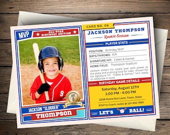 Convite de aniversário com cartão de novato de beisebol, convite esportivo personalizado (download digital)