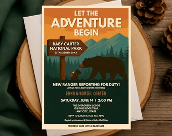 Vintage National Park Baby Shower Invitation • Let the Adventure Begin (Digital Download, Edit in Canva)
