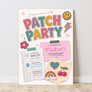 May include: A birthday party invitation card featuring the text PATCH PARTY in colorful, textured, embroidered-style letters. The design includes a smiley face, lightning bolt, flower, heart, rainbow, and cherry graphics on a white background.