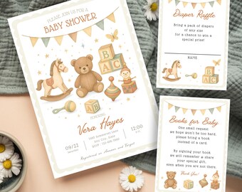 Nostalgic, Vintage-Inspired Baby Shower Invitation Bundle for a Timeless Celebration (Editable Template, Digital Download)