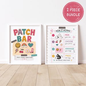 May include: Two framed signs in a 2 piece bundle. The left sign reads PATCH BAR with colourful patches including a smiley face, rainbow, heart, lightning bolt, cherries, flower, and boot. The right sign titled HOW IT WORKS shows four steps.