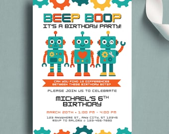 Puede incluir: Una invitación de cumpleaños con el texto "BEEP BOOP IT'S A BIRTHDAY PARTY!" con tres robots de dibujos animados en verde azulado, naranja y amarillo. La invitación incluye el nombre "MICHAEL'S 6TH BIRTHDAY" y los detalles del evento.