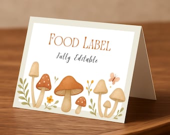 Editable Woodland Mushroom Food Label Card | Baby Shower Decor | Party Decor | Digital Download