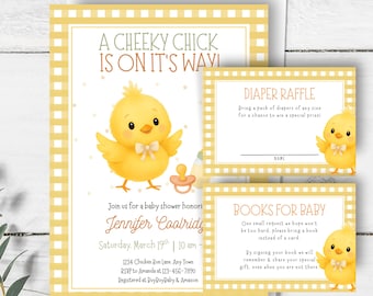 Invitaciones para baby shower con pollitos en acuarela (descarga digital, edición en Canva)