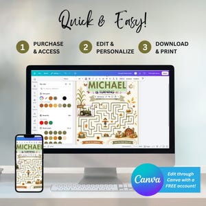 Pode incluir: Uma interface de design digital num monitor de computador e smartphone exibindo um convite personaliz&aacute;vel com um labirinto de quinta. O texto diz Quick & Easy, Purchase & Access, Edit & Personalize, Download & Print, Michael Is Turning 4.