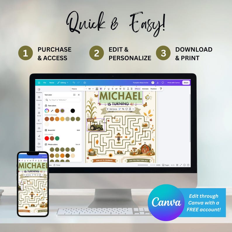Pode incluir: Uma interface de design digital num monitor de computador e smartphone exibindo um convite personaliz&aacute;vel com um labirinto de quinta. O texto diz Quick & Easy, Purchase & Access, Edit & Personalize, Download & Print, Michael Is Turning 4.