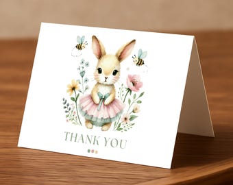 Bunny Thank You Cards: Pink & Green Baby Shower, Birthday (PDF Downloadable Print File)