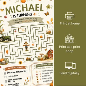 Pode incluir: Um convite de anivers&aacute;rio com um jogo de labirinto, um trator verde, um espantalho e ab&oacute;boras. O texto diz MICHAEL IS TURNING 4! e inclui detalhes do evento para s&aacute;bado, 5 de outubro, das 13h &agrave;s 16h, 123 Pumpkin Lane, Any City, RSVP Danielle.