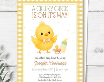Invitación para baby shower de pollito: Animal de granja en acuarela (Plantilla editable en Canva)