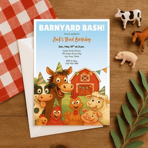 May include: A birthday party invitation with the text "BARNYARD BASH!" and "Zack's Third Birthday." The invitation features cartoon farm animals, including a cow, horse, chickens, sheep, and pig. The invitation is on a white envelope with a red and white checkered tablecloth.