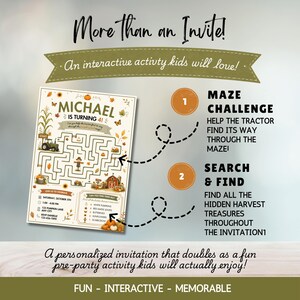 Pode incluir: Um convite de anivers&aacute;rio retangular com um labirinto tem&aacute;tico de outono e uma atividade de busca. O texto diz More Than an Invite, Michael is Turning 4, Maze Challenge e Search & Find. Inclui ilustra&ccedil;&otilde;es de um trator e ab&oacute;boras.