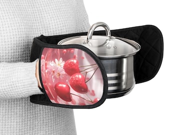 Guantes de cocina con diseño de rama de cerezo rojo / Funda para mango de olla de barra