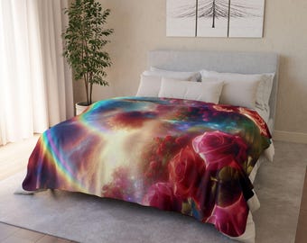 Coperta in pile Sherpa con motivo rose da giardino arcobaleno / Paesaggio floreale da sogno