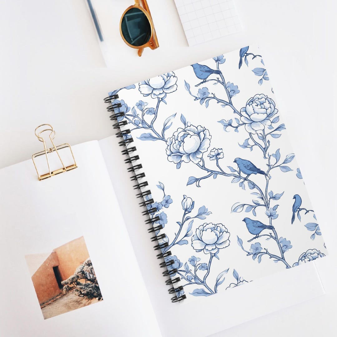 Blue Floral Bird Pattern Spiral Notebook | Ruled - Etsy