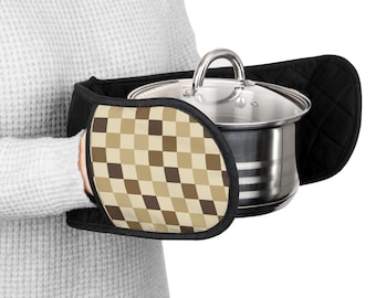 Beige Brown Checkerboard Oven Mitts | Double Pot Holder