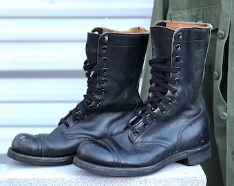 9 R | Vintage Combat Boots 1960's Cap Toe Military Boots in Black Leather