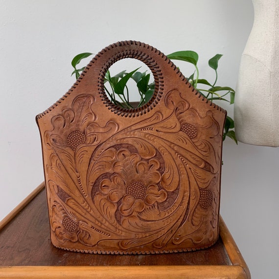1950s Tooled Leather Tote Bag Distressed Leather T