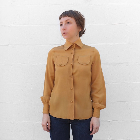 1960's Mustard Yellow Long Sleeve Button Down Blou