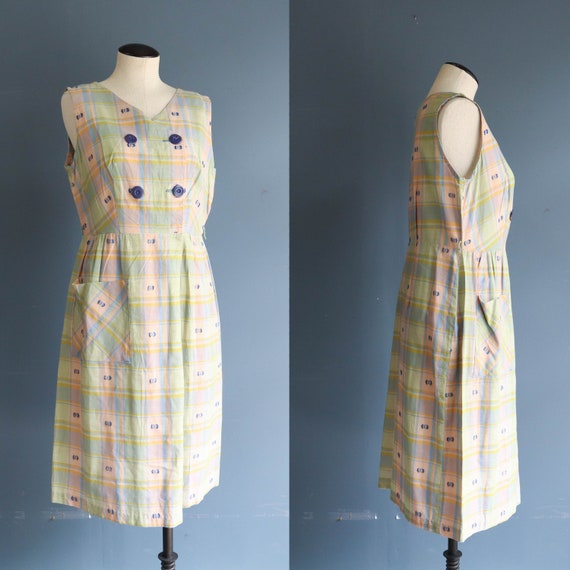 1950's Pink, Green, Blue Sleeveless Plaid Day Dres