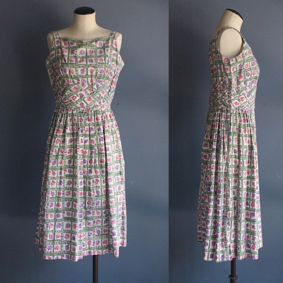 1950's Party Dress Pink & Purple Tulip Print Sleev
