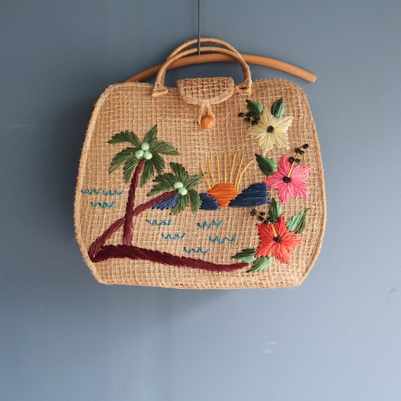 Vintage Straw Beach Tote Palm Trees Beach Flowers