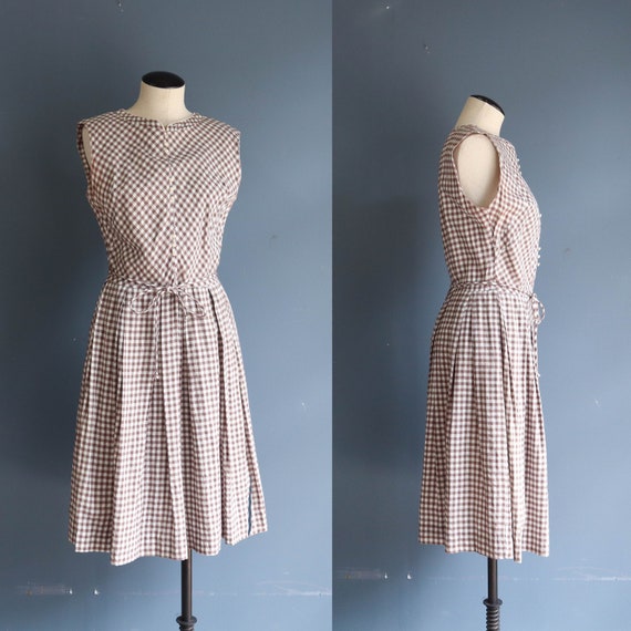 1950's Brown & White Gingham Plaid Day Dress