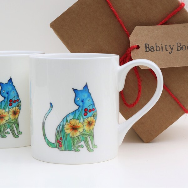 Cat Mug, 'Primrose Cat' Design, small bone china mug, Gift for a cat lover, Gift for Her, Stocking Filler, coffee mug