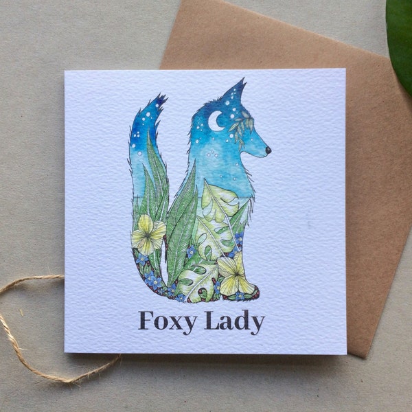 Fox Card, Greeting card - 'Foxy lady' design.  Fox card, blue fox, woodland card, animal art, fine quality greeting card, card for her
