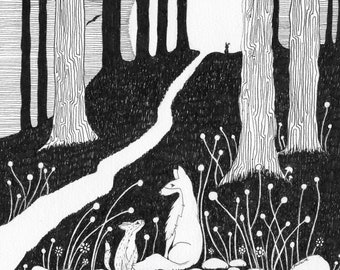 Fox Print - Giclee fine art print - 'fox and cub' - woodland nursery - spirit animal - scottish gift - babity boo