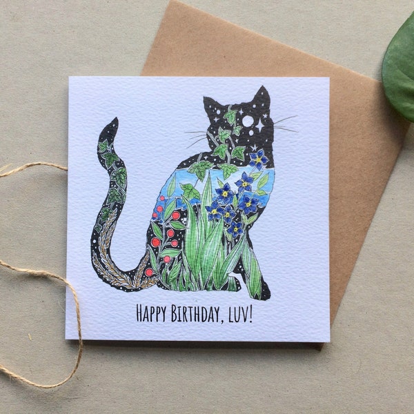 Cat Happy Birthday Card - 'Happy Birthday luv!' cat design - cat card - card for a cat lover - greeting card - textured card